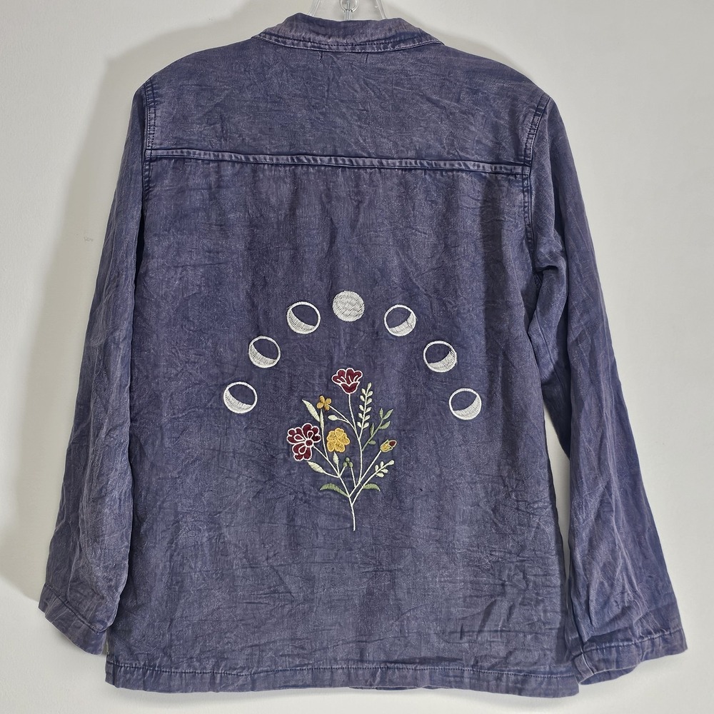 Earthbound Top Womens Small Blue Denim Moon Phase Embroidered Jean Jacket Boho S